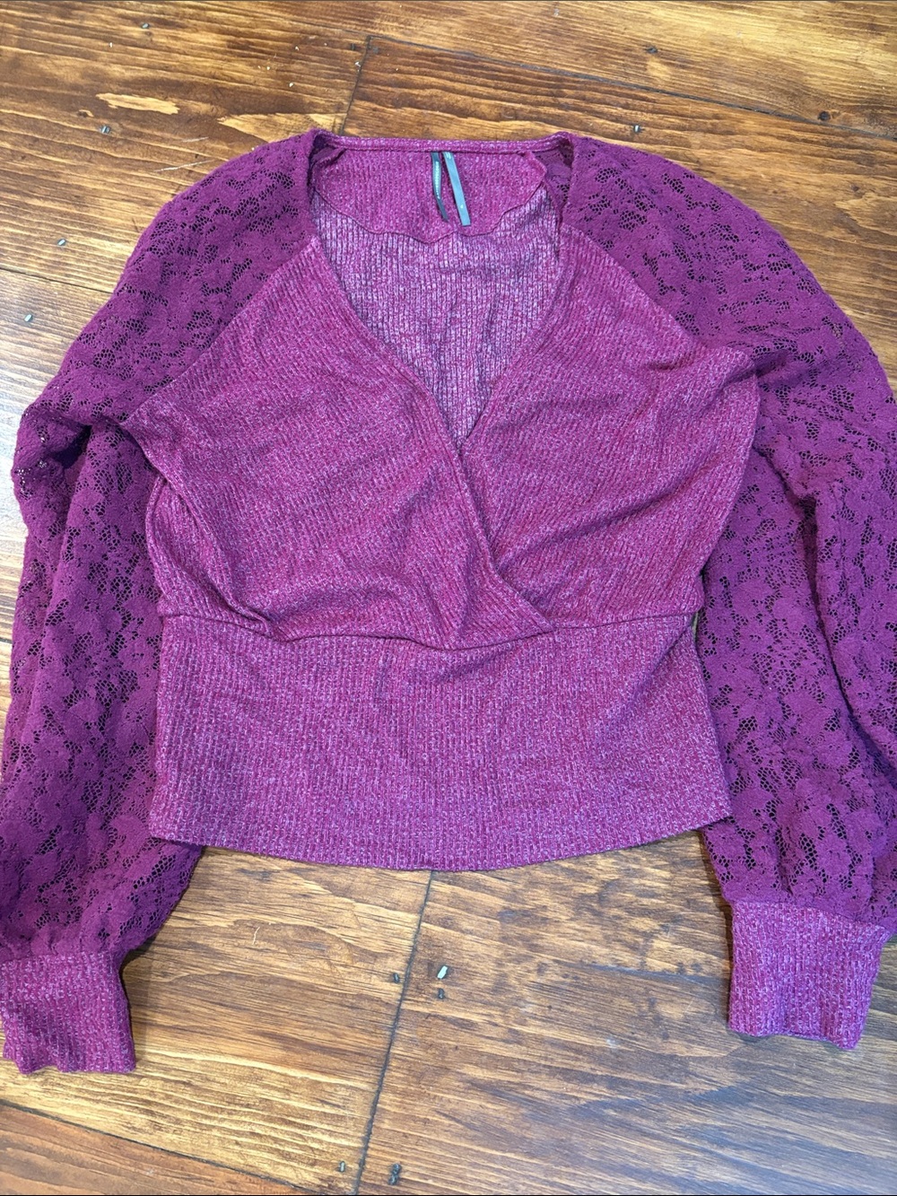 Anthropologie Plum Lace-Sleeve V-Neck Sweater